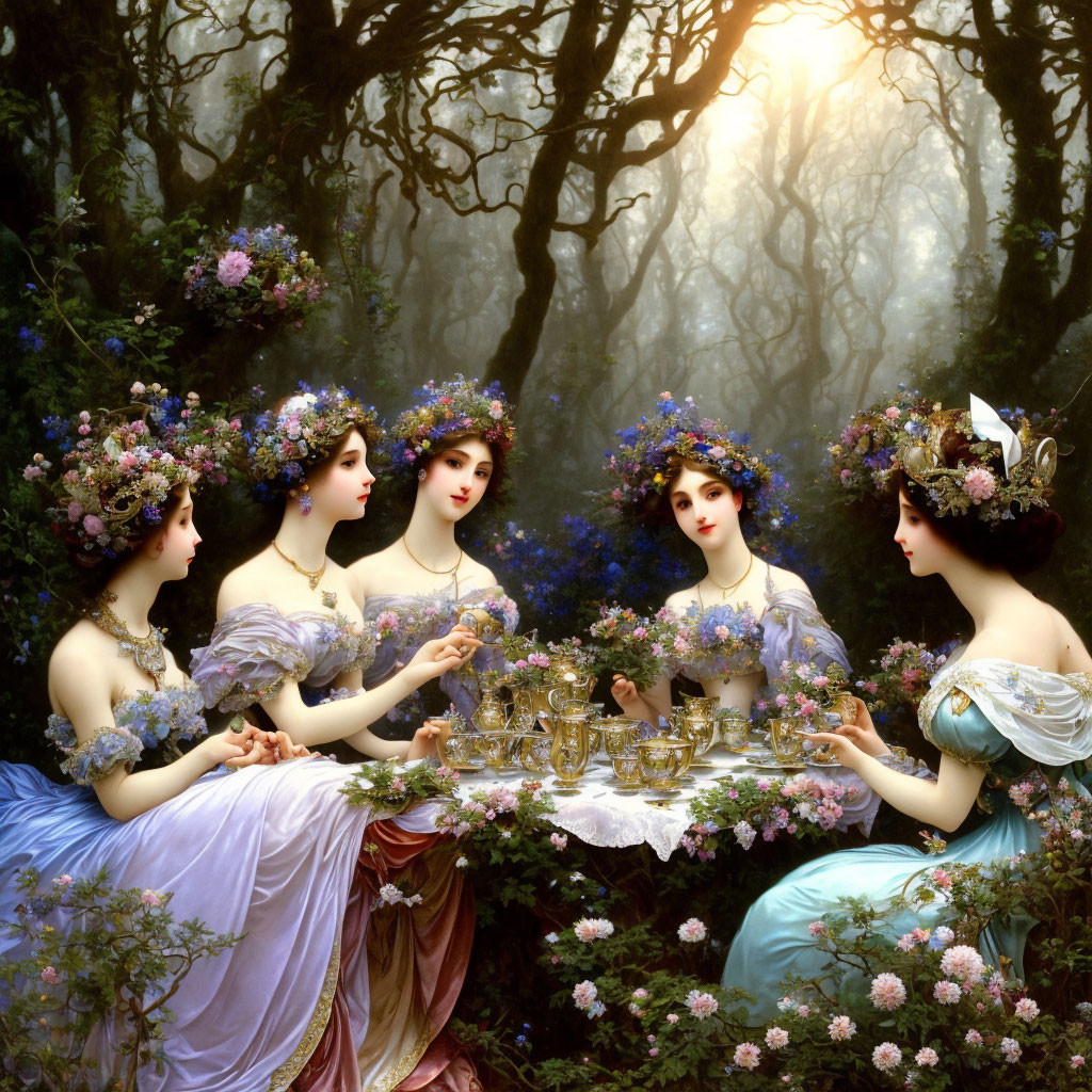 Four women in floral crowns having tea in misty forest