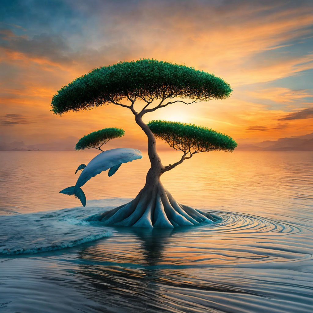 Surreal image: dolphin leaping by lone tree on island at sunset