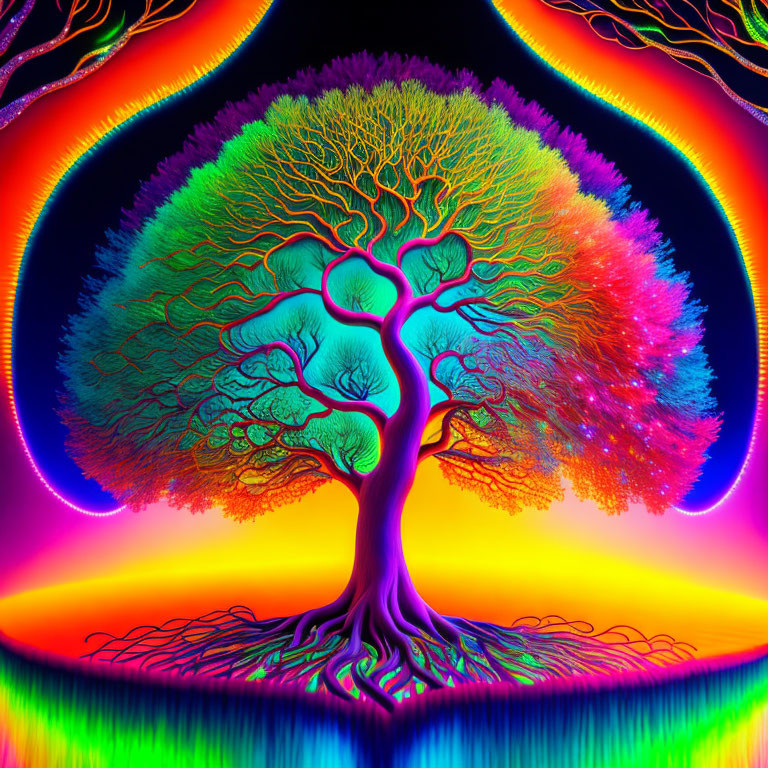 Neon gradient tree art on black background