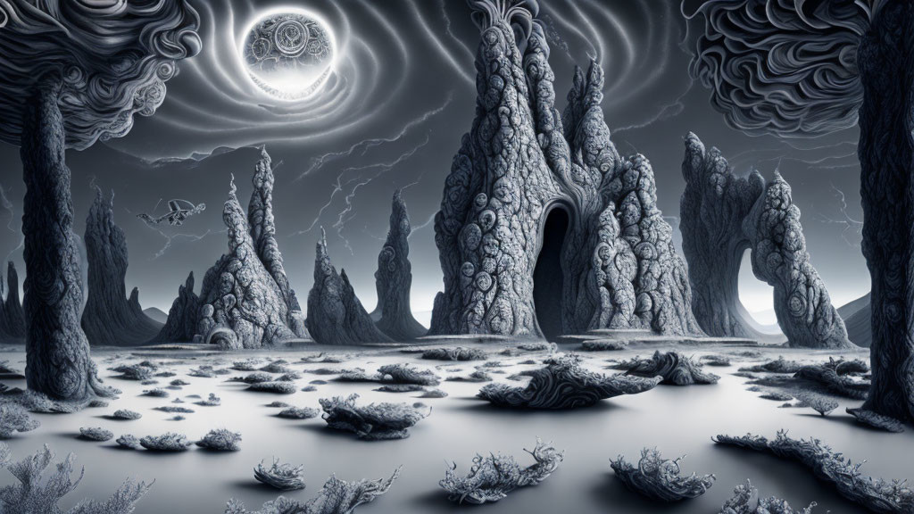 Monochromatic surreal landscape with twisted rock formations and mystical doorway