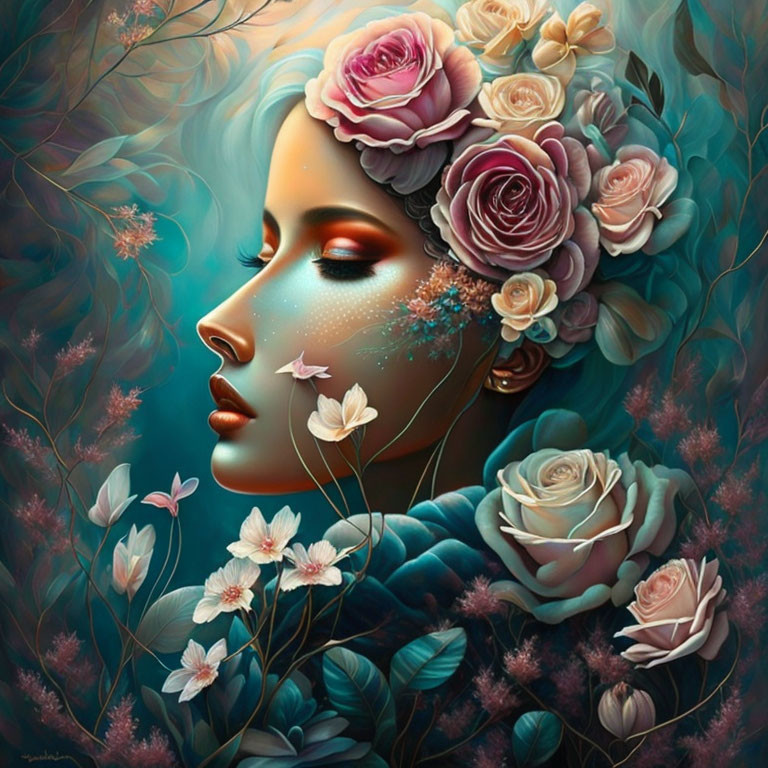 Blue-skinned woman surrounded by roses and butterflies in surreal portrait.