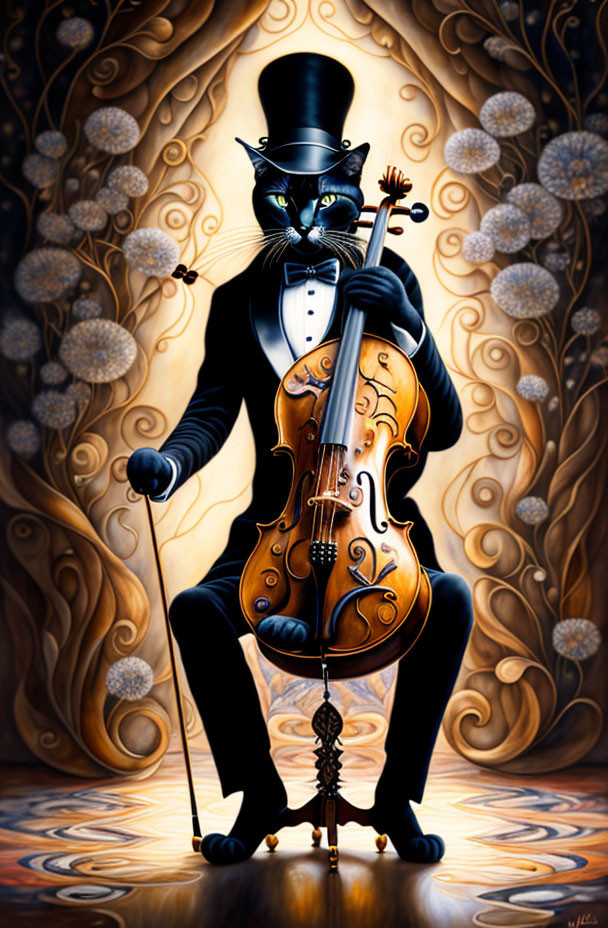 Elegant anthropomorphic black cat playing cello in top hat