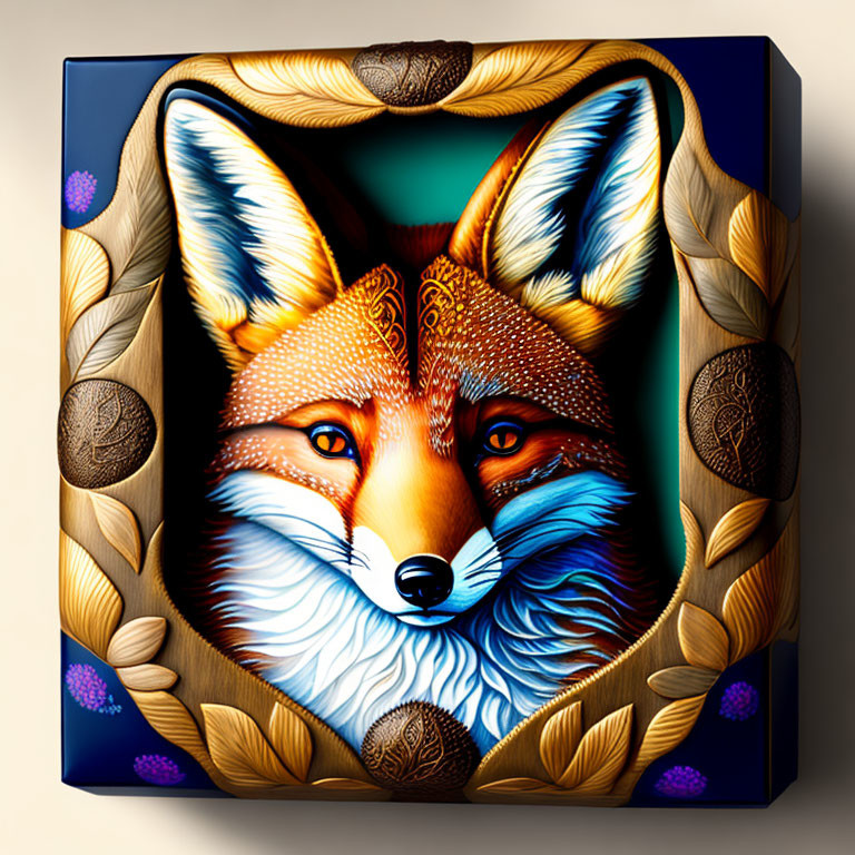 Colorful 3D fox illustration with ornate patterns and leaves on square canvas