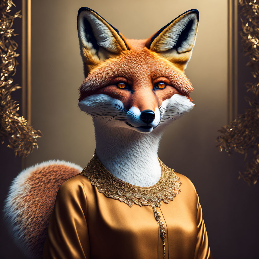 Fox with human-like features in golden embroidered garment