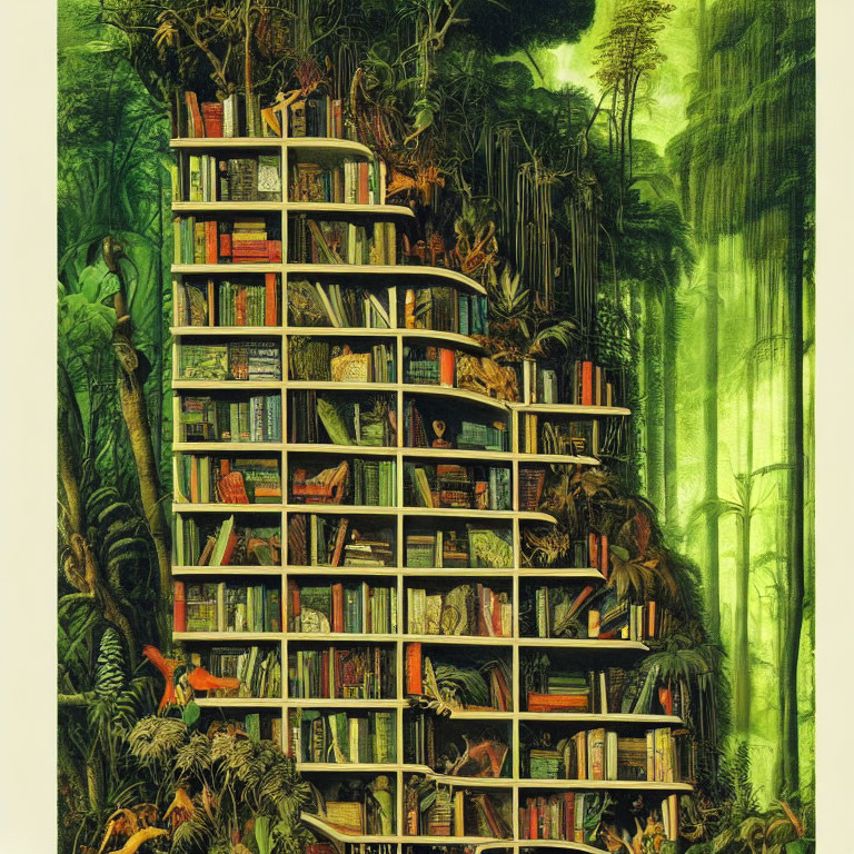 Circular Bookshelf Surrounded by Lush Jungle and Wildlife