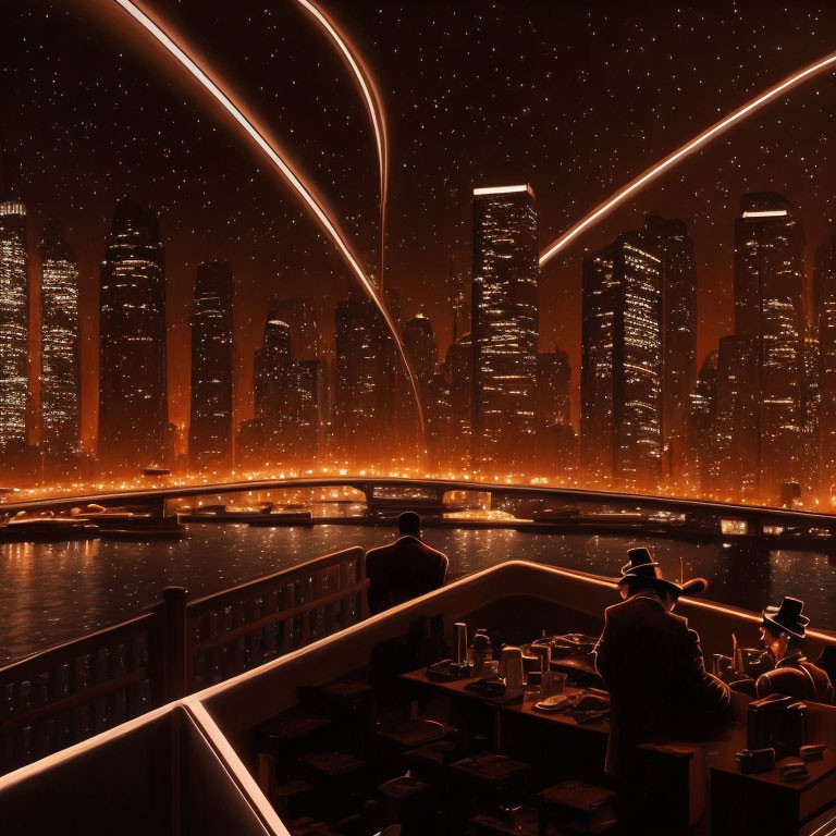 Diners overlooking futuristic cityscape with skyscrapers at night