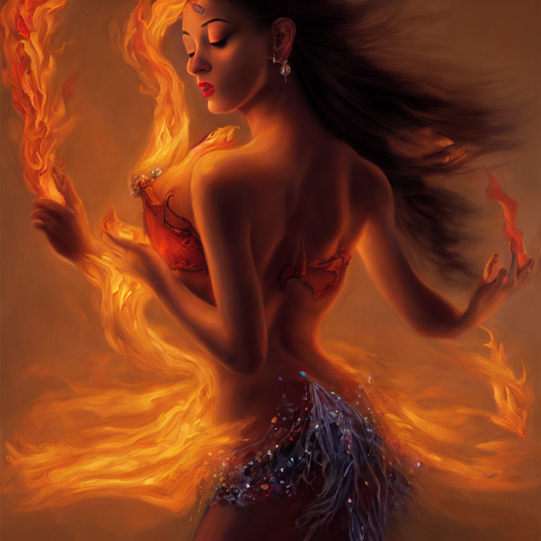 Mystical woman dances with fiery elements and flowing flame-like skirt