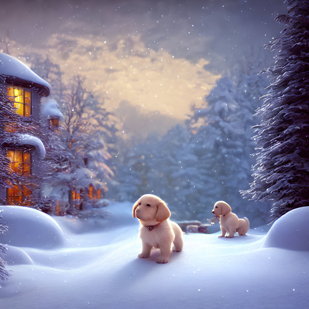 Two puppies in snowy dusk landscape with warmly lit house windows.