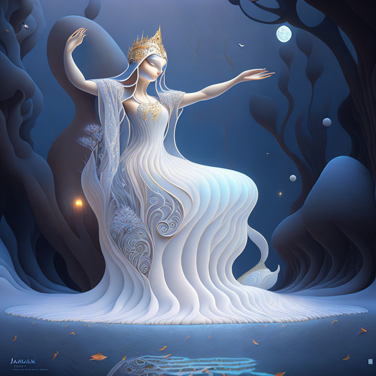 Mystical moonlit forest scene with ethereal woman in white dress