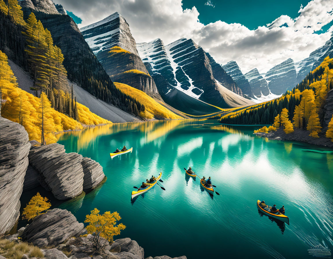 Tranquil mountain lake with turquoise waters, yellow autumn trees, and canoes