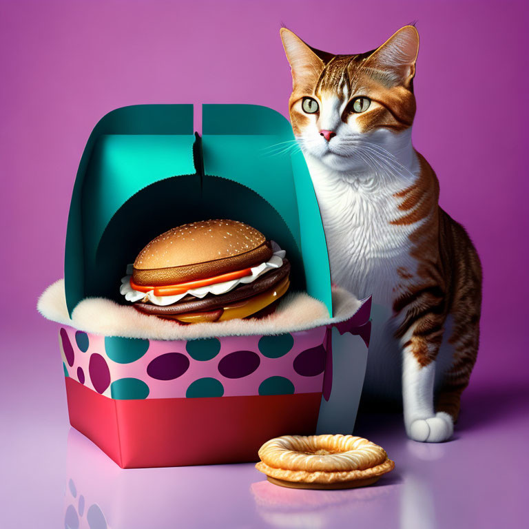 Orange Tabby Cat Next to Open Burger Box on Purple Background