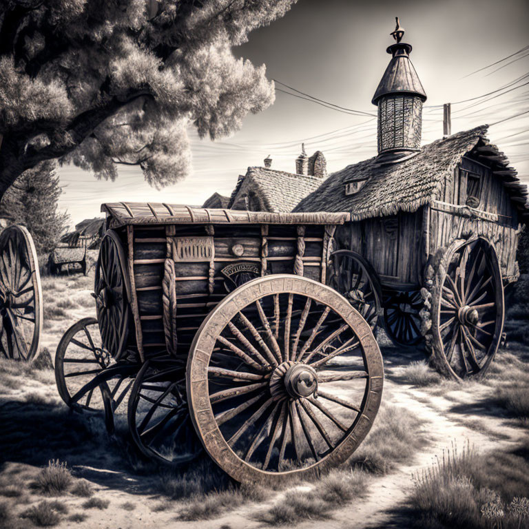 Vintage wooden wagon with large spoked wheels in rustic setting