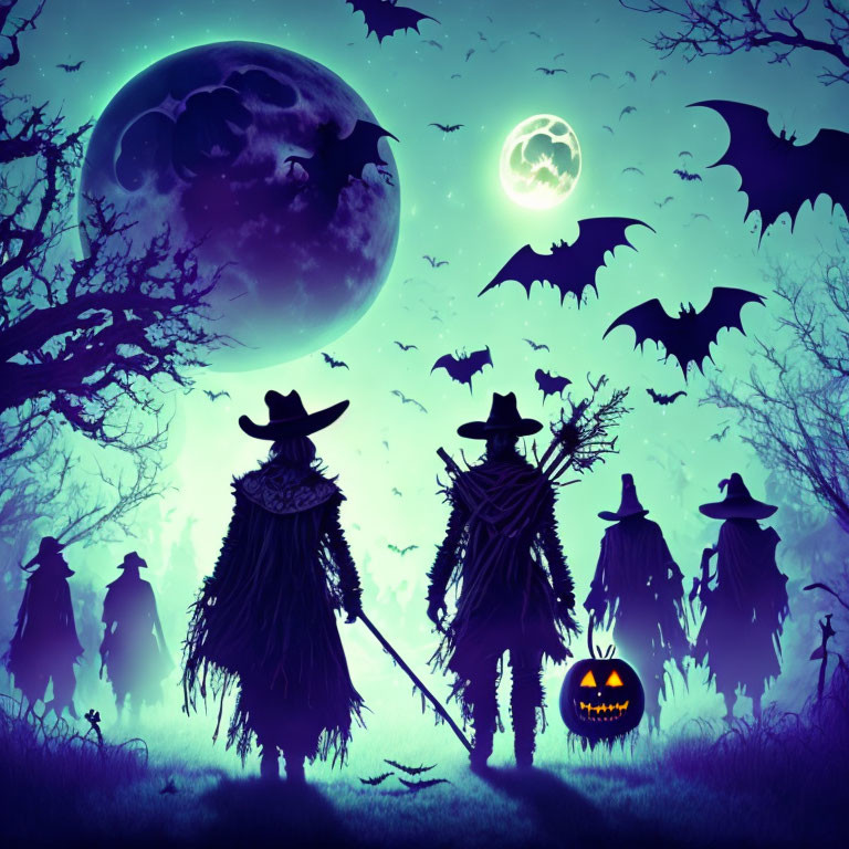 Silhouetted scarecrows, flying bats, jack-o'-lantern, full moon in