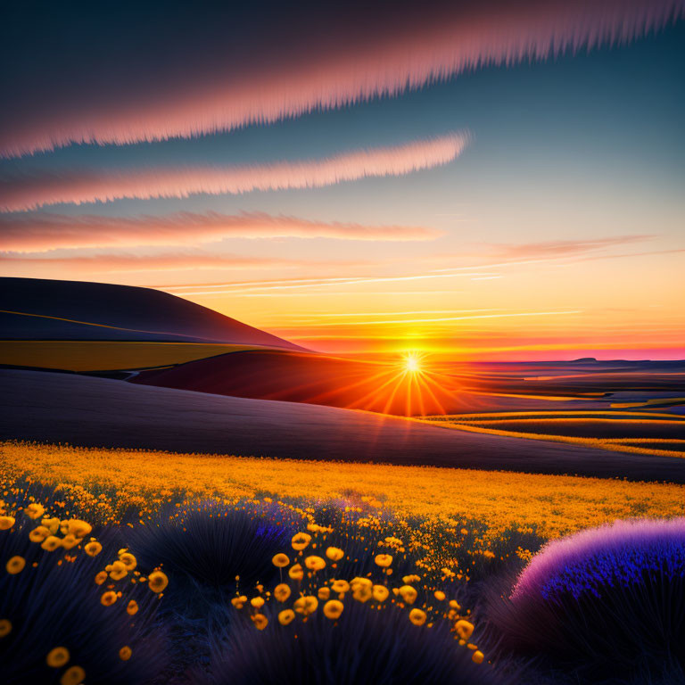 Colorful sunset over sand dunes with wildflowers and shrubbery