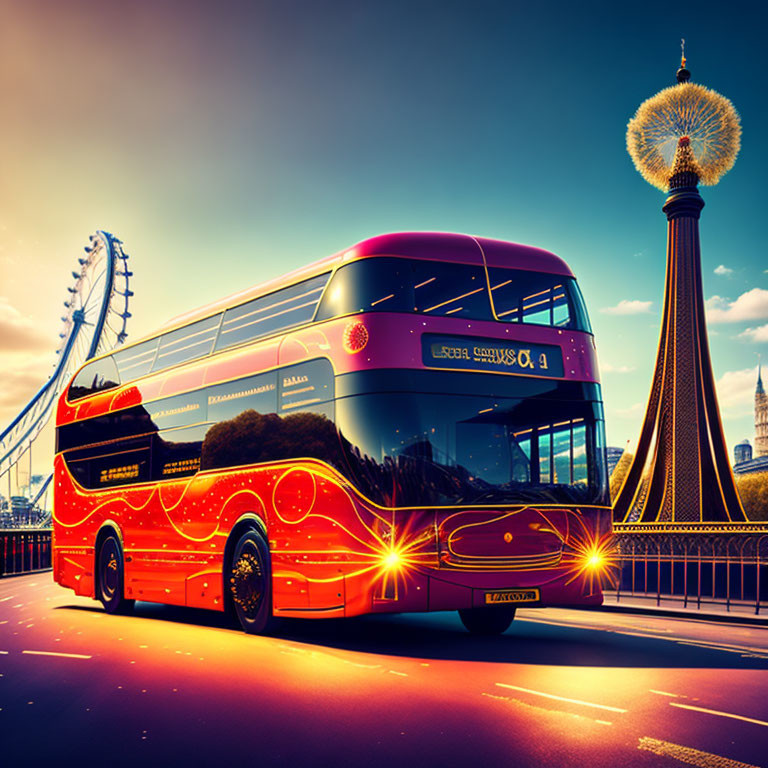 Red double-decker bus on London bridge at sunset with iconic landmarks in background