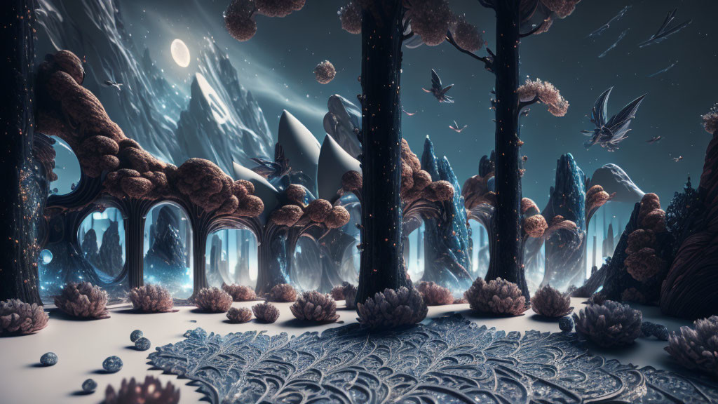 Surreal landscape with ornate tree-like structures and floating islands