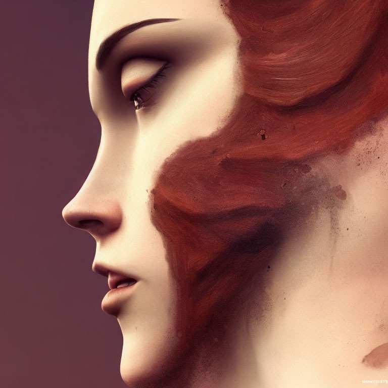 Side-profile digital artwork: Woman with flowing red hair and abstract brushstrokes on mauve background