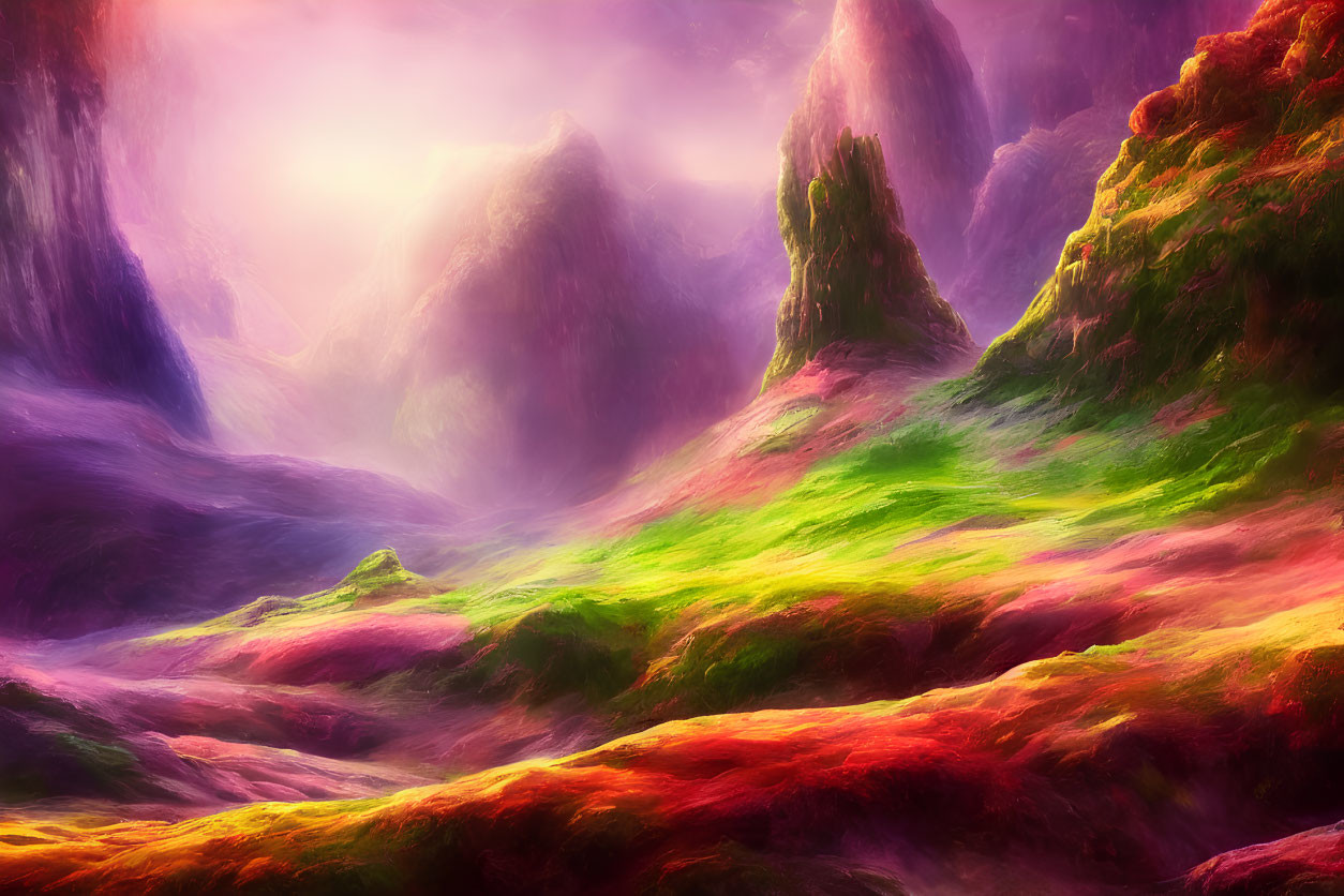 Fantastical landscape with lush green and pink foliage under a purple sky