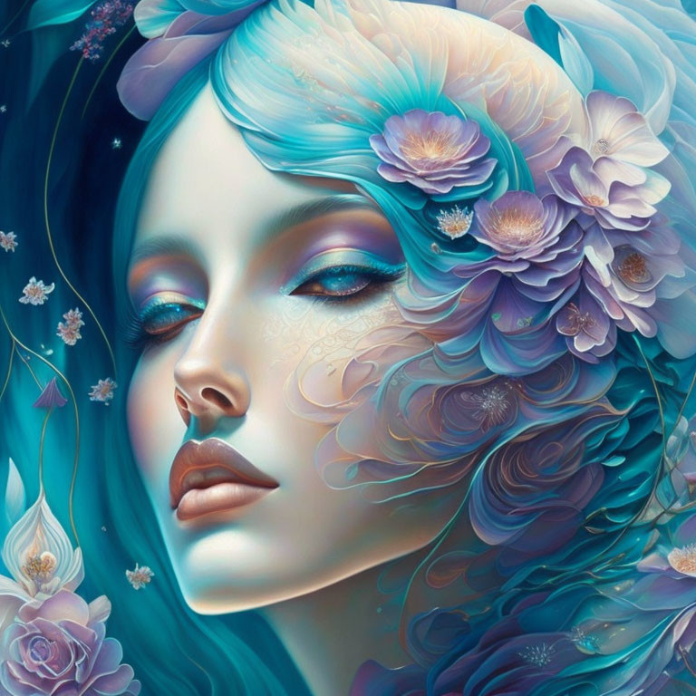 Surreal portrait: Woman with blue skin and floral adornments