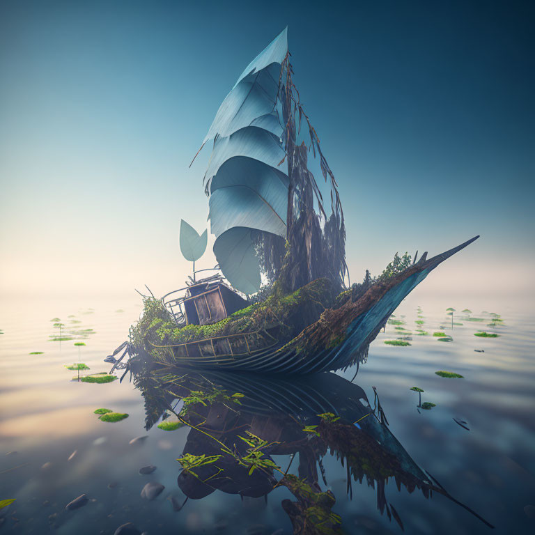 Abandoned sailing ship covered in vegetation on calm water