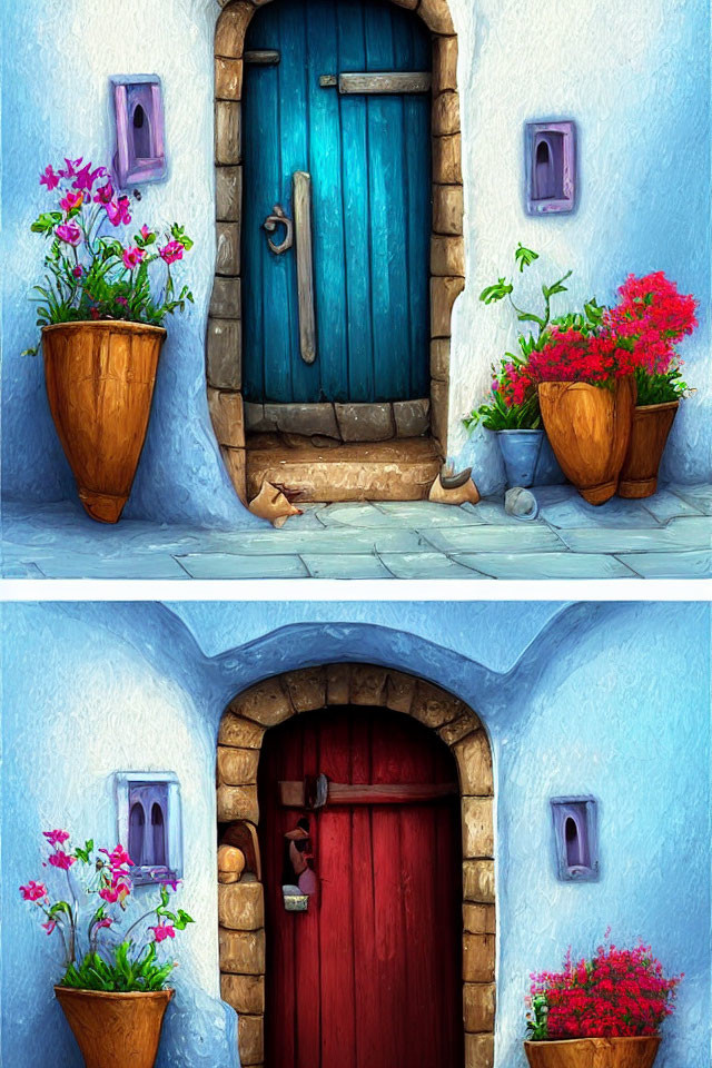 Vibrant blue and red doors in white walls with potted flowers and stone details