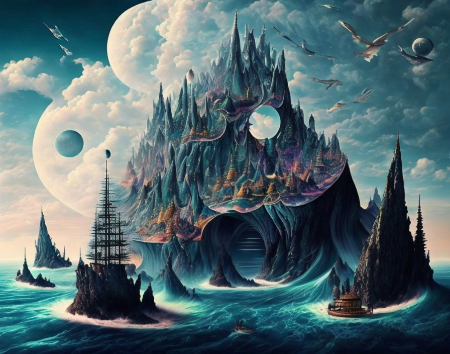 Fantastical landscape with mountainous island, arch, ocean, ships, and multiple moons.