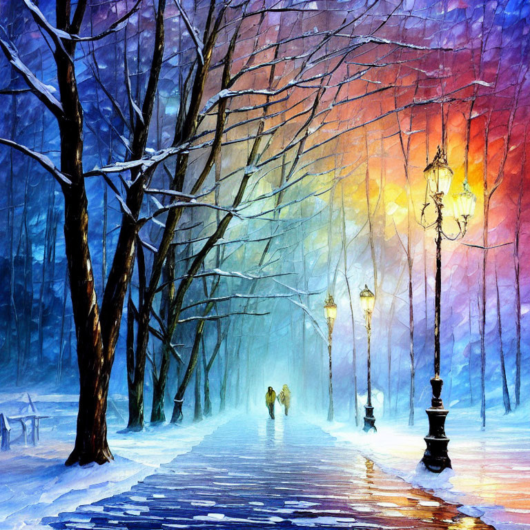 Vibrant winter park painting with snowy path and couple walking