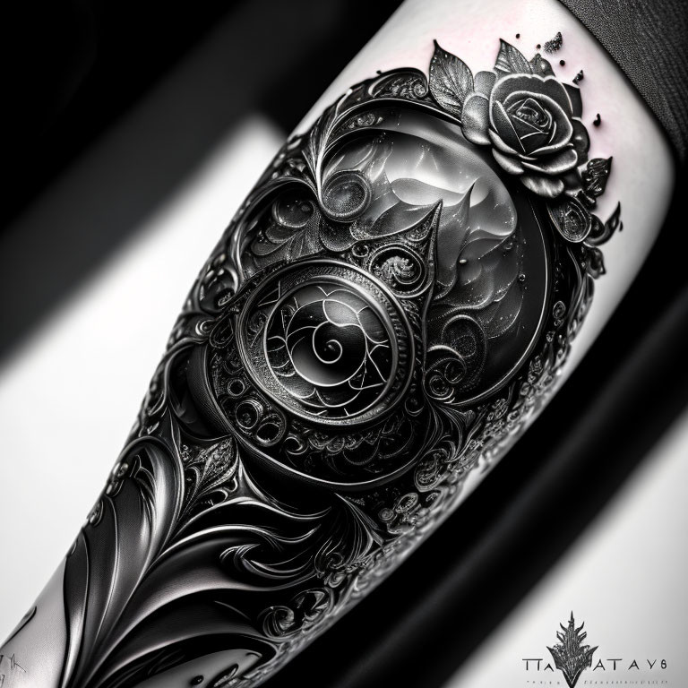 Detailed Black and Grey Tattoo with Ornate Patterns and Roses on Arm