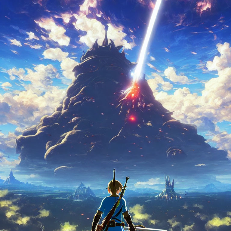 Blue character gazes at vast landscape with towering castle and bright beam.