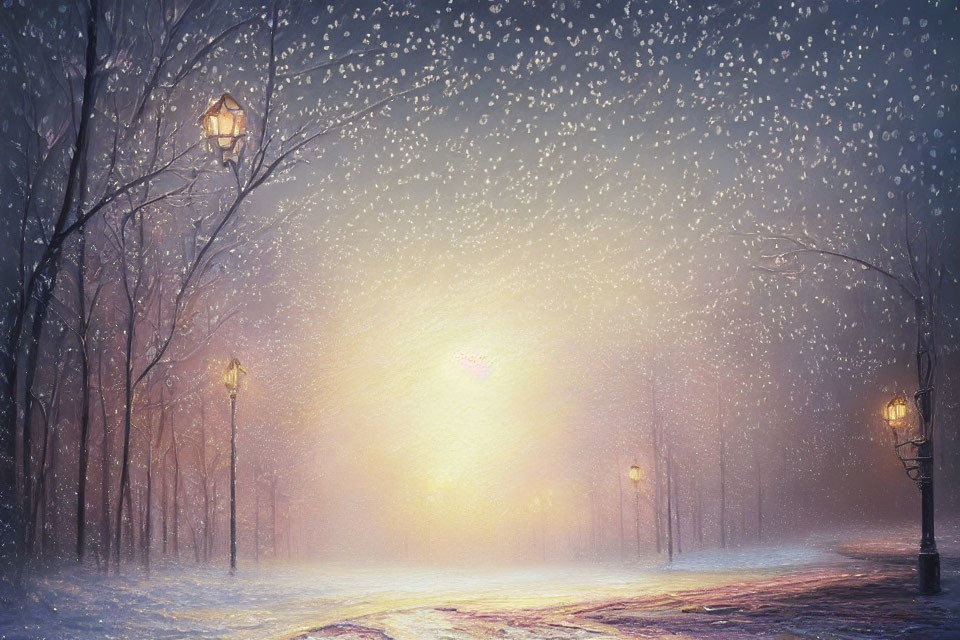 Snowy Winter Path with Warm Street Lamps and Bare Trees