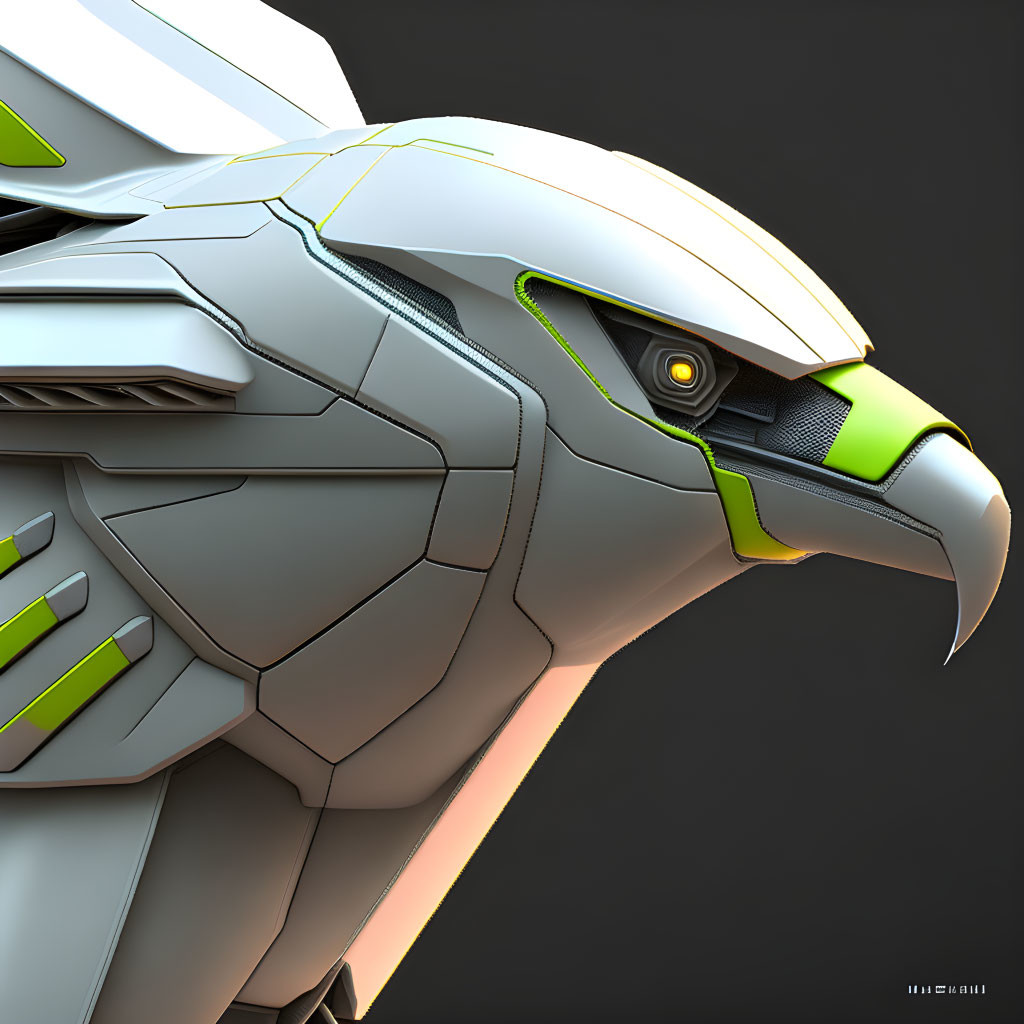 Detailed Digital Artwork: Robotic Bird Head with Metallic Feathers