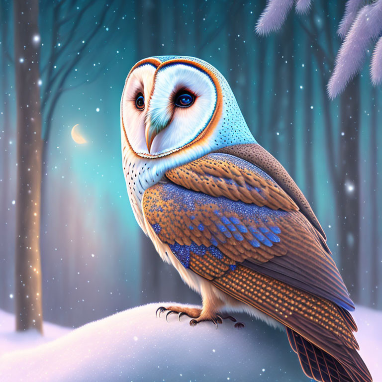 Barn owl perched in snowy winter forest with moon glow