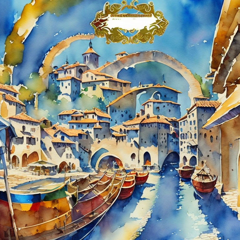 Vibrant watercolor painting of old town with stone bridges and canal boats