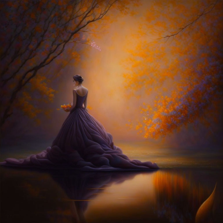 Woman in flowing gown under autumn trees by tranquil water