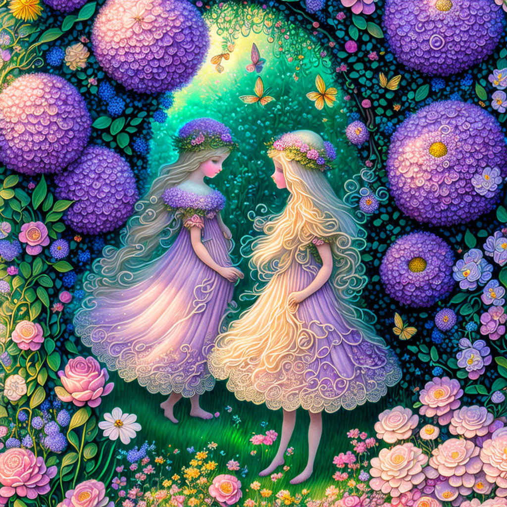 Ethereal female figures in floral dresses among vibrant fantasy landscape