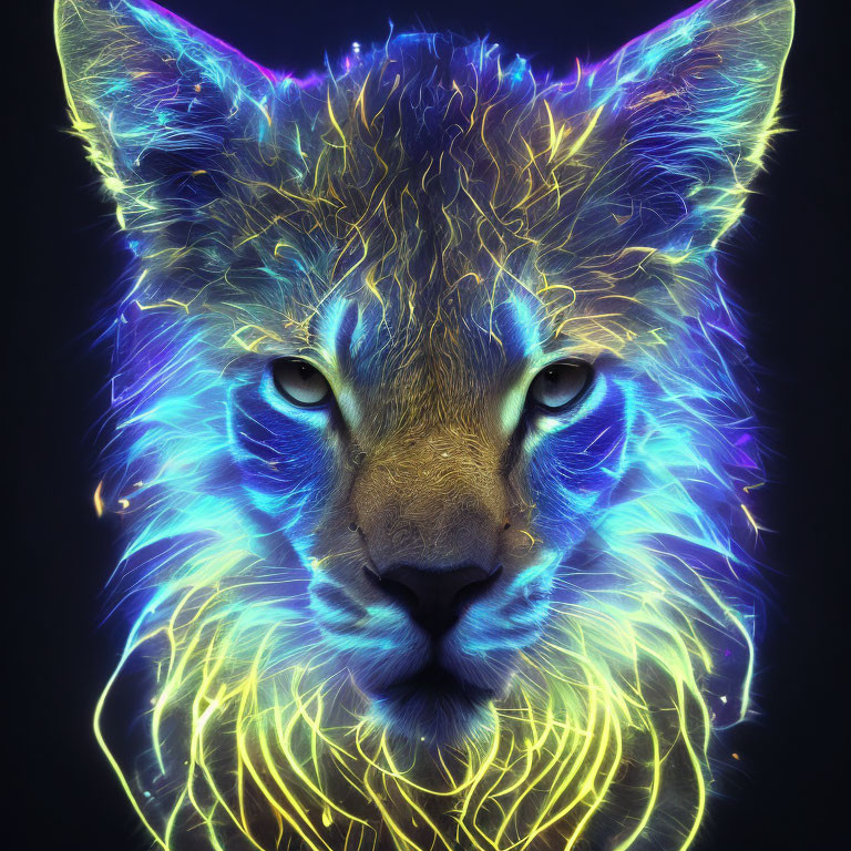 Digitally rendered lion's head with neon fractal patterns for a mystical look