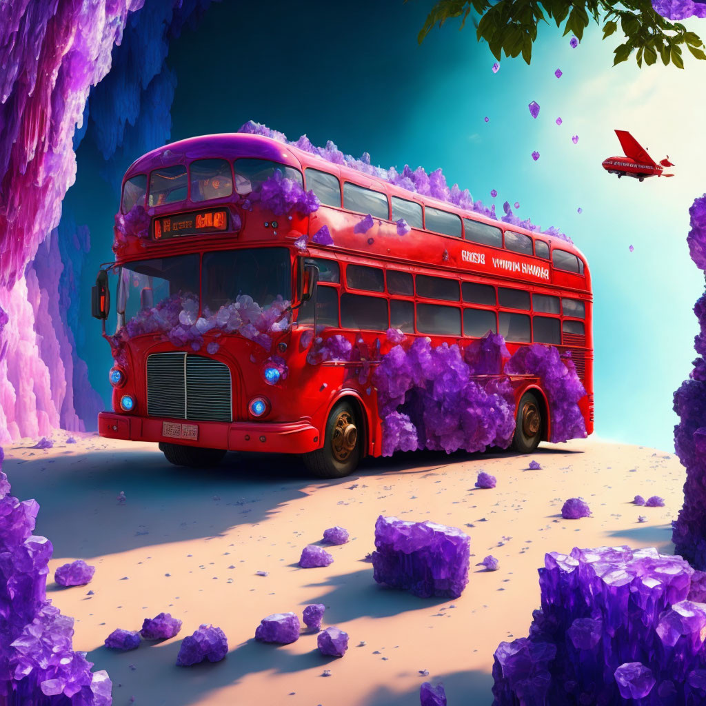 Red Double-Decker Bus with Purple Flowers in Surreal Landscape