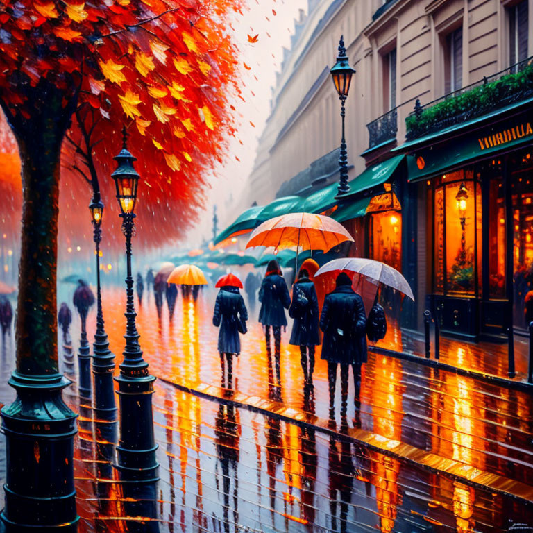 Pedestrians with umbrellas on rain-soaked autumn street with city lights reflection