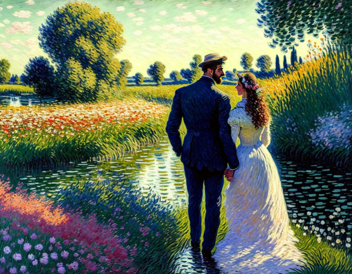 Couple in vintage attire by river, vibrant flowers, trees - impressionist style