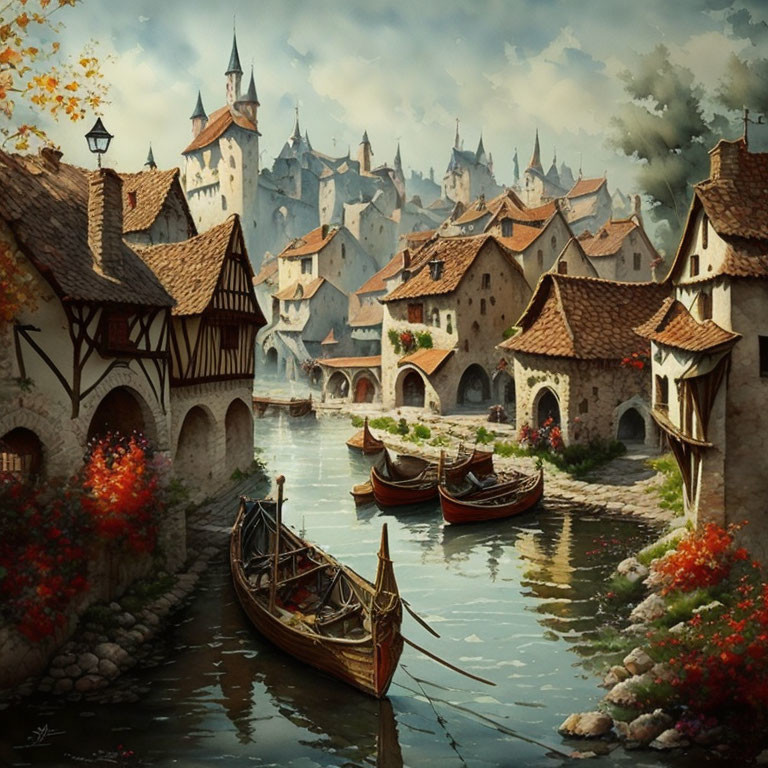 Medieval village with stone houses, river, boats, red flowers, and castle.