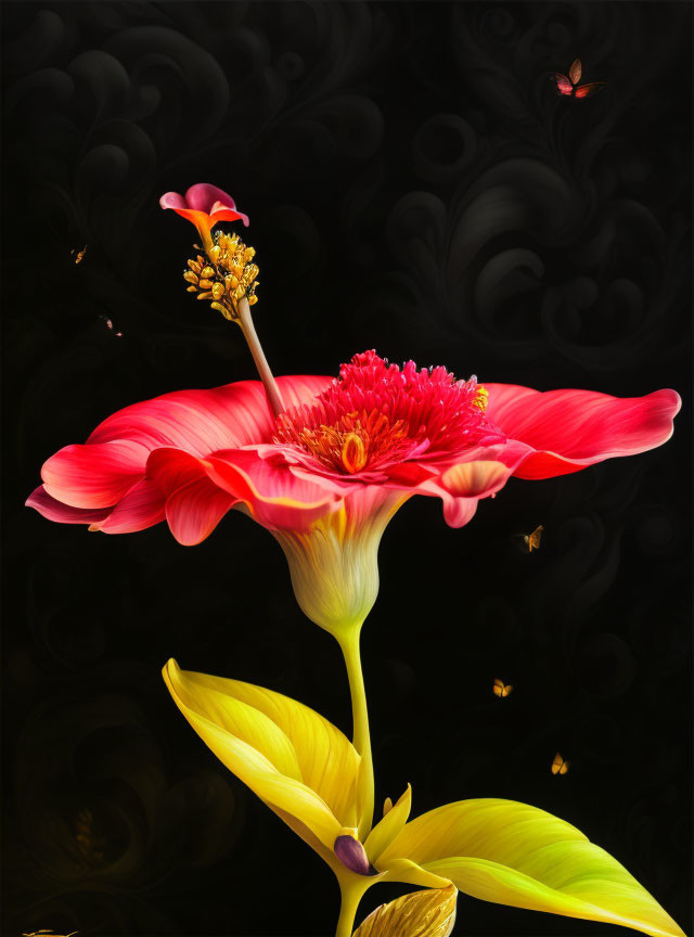 Detailed digital illustration of red flower and butterflies on dark floral background