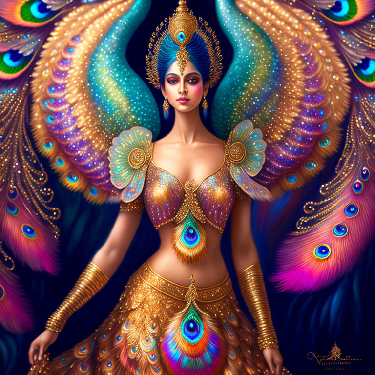 Woman adorned with peacock feathers and jewelry on colorful background