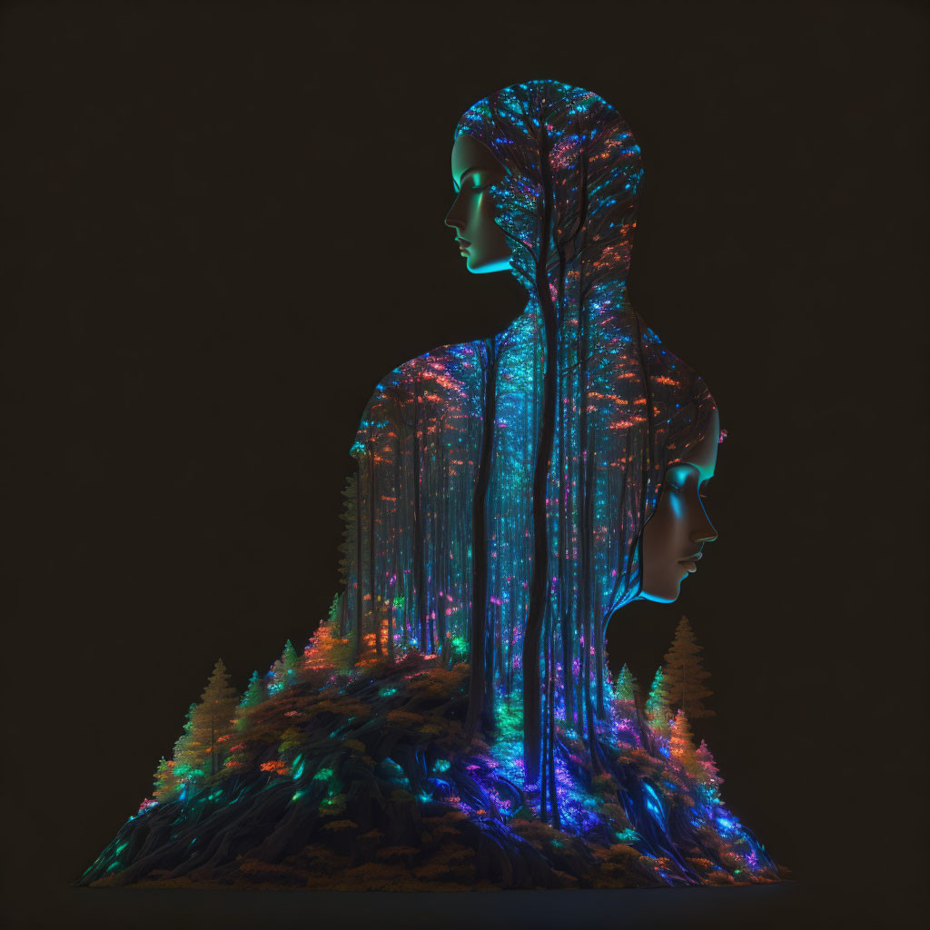 Dual Human Figure Sculpture with Illuminated Forest Scene