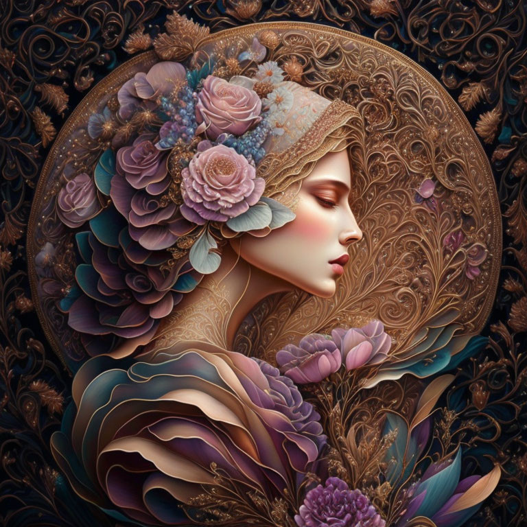 Detailed artistic image of woman's profile blending into floral patterns