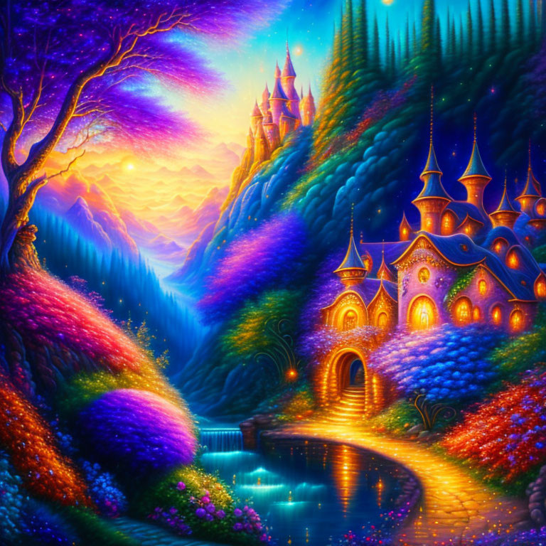 Fantasy landscape with luminous castle, colorful flora, twilight sky, river waterfall