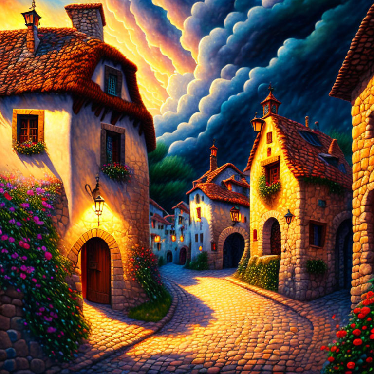 Picturesque village street at night with cobblestone paths, stone houses, flowers, and lightning-filled