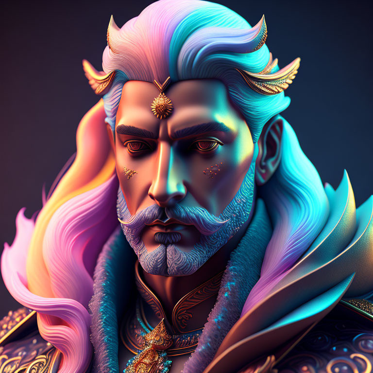 Fantasy male character with white hair and beard in regal blue and gold outfit