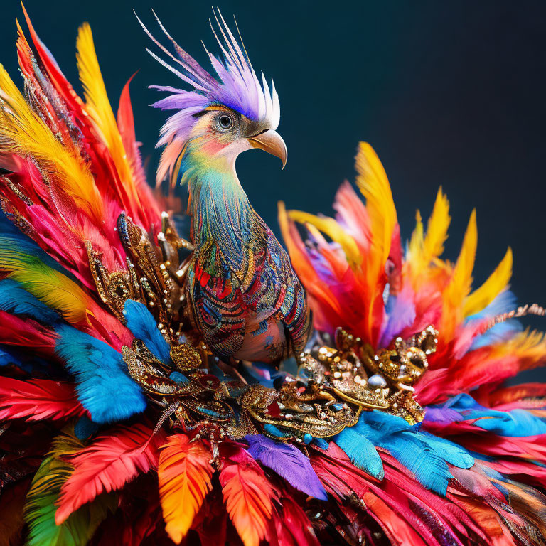 Colorful Pigeon with Rainbow Feathers and Headdress on Dark Background