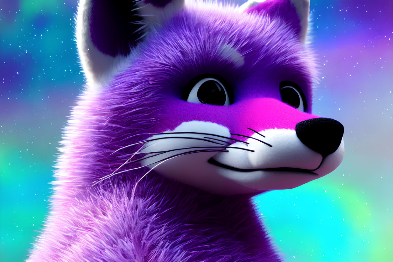 Colorful 3D rendering of purple raccoon in galaxy setting