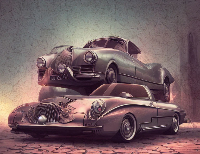 Vintage Cars with Exaggerated Features on Textured Background